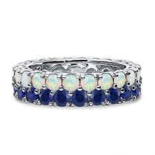 14K White Gold Natural Blue Sapphire & White Opal Double Row Full Eternity Ring - Wedding Band -