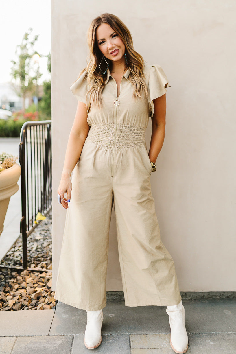 Ayelin Jumpsuit - Linen Look Relaxed 3/4 Sleeve Jumpsuit in Cream