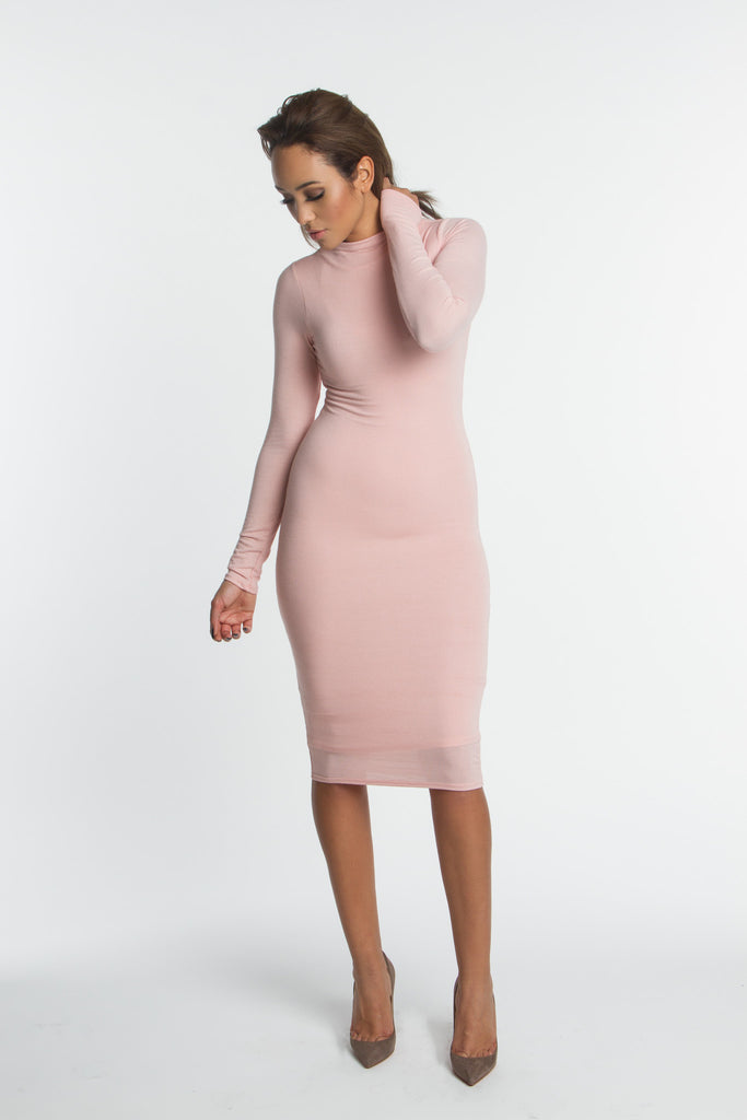 pink long sleeve midi dress