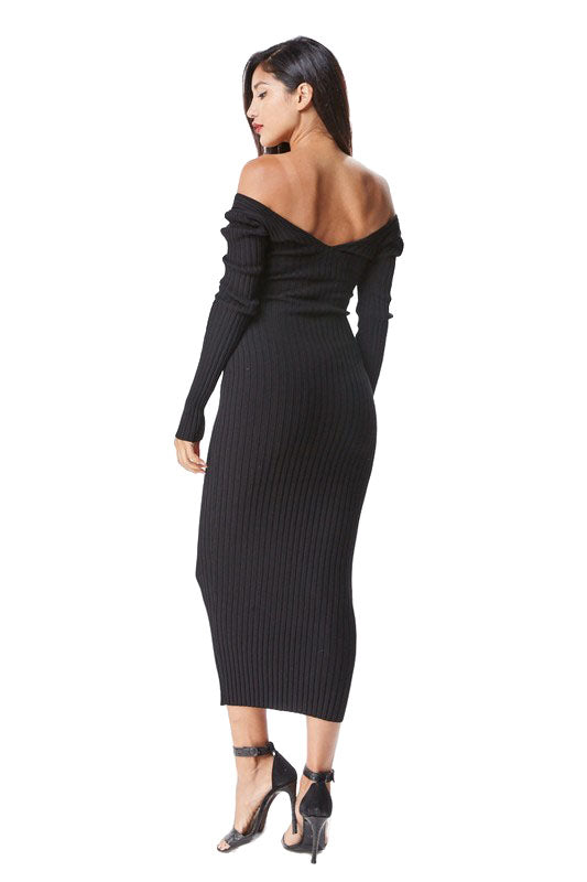 THE MYSTYLEMODE BLACK KNIT RIBBED OFF THE SHOULDER MIDI DRESS