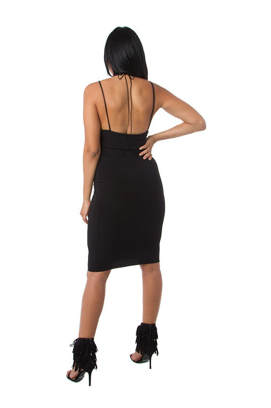 black low back midi dress