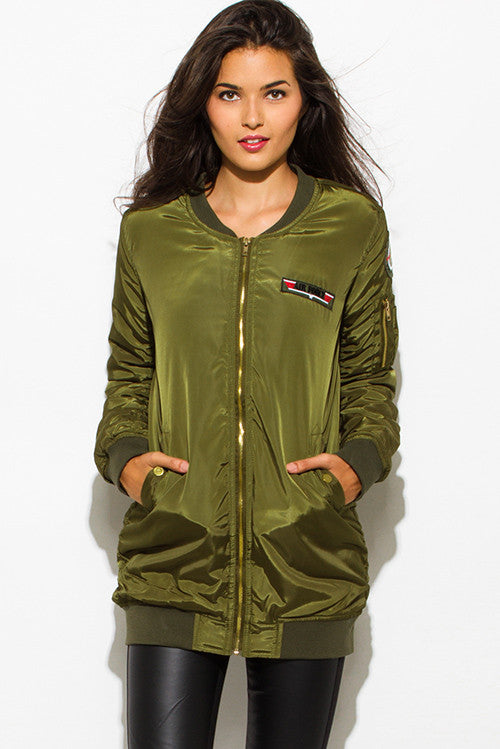 OLIVE GREEN MILITARY POCKETED PATCH EMBROIDERED PUFF BOMBER COAT JACKE ...