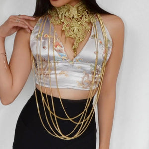 Gold Lace ananacatering bodychain  - ananacatering - ananacateringLithuania - Handmade luxury dragon satin chinese unique womens clothing lace mesh prom dress festival crop top sequin bodychain dolls kill depop shopify silkfred chelsea pearl li bralet lili pearl