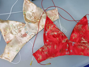 Red Dragon ananacatering handmade triangle bralet  - ananacatering - ananacateringLithuania - Handmade luxury dragon satin chinese unique womens clothing lace mesh prom dress festival crop top sequin bodychain dolls kill depop shopify silkfred chelsea pearl li bralet lili pearl