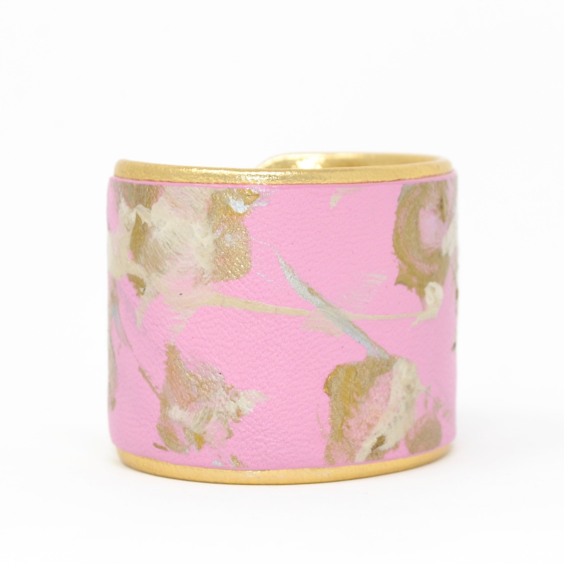 2" Gold Silver Abstract Floral on Pink Leather
