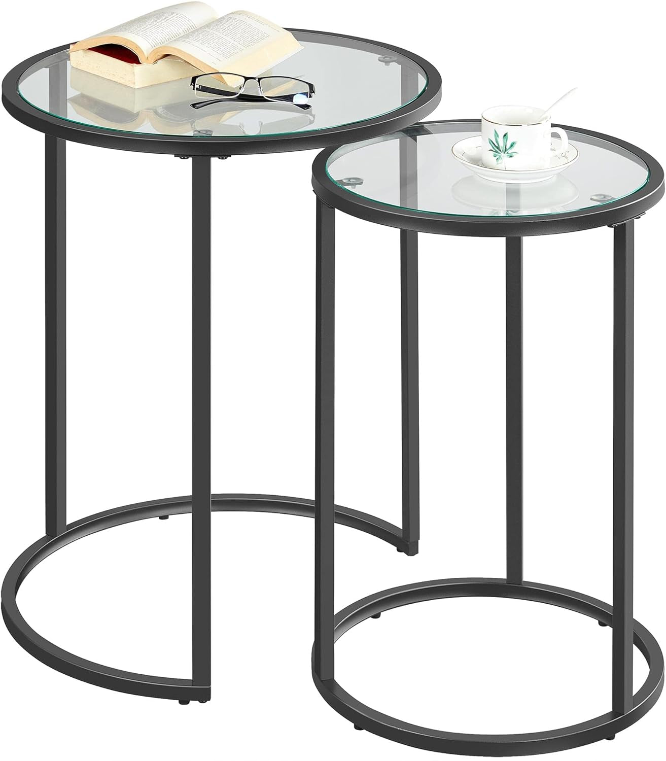 Set of 2 Round Nesting End Table W/Metal Frame & Glass Top