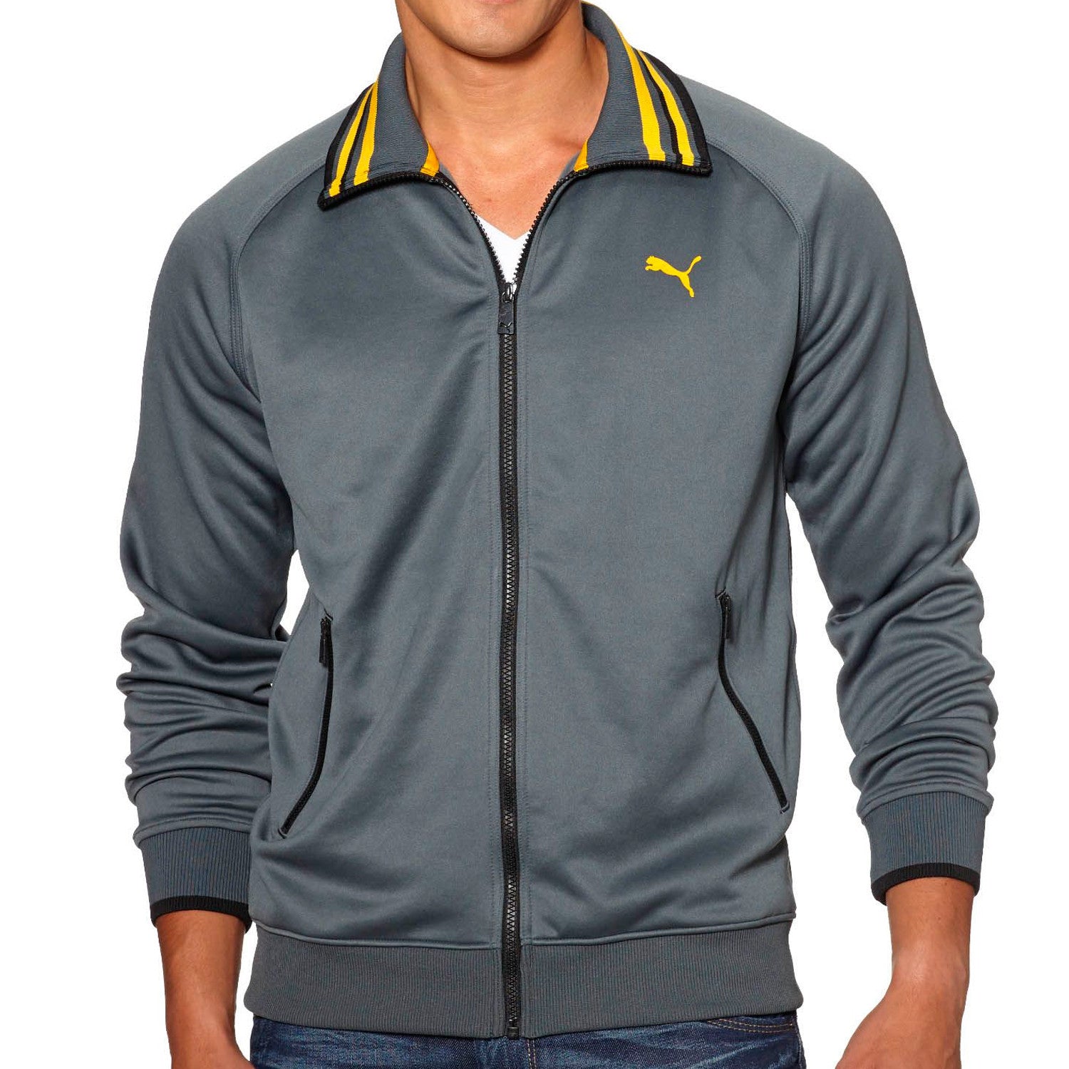 Puma Front-Zip Track Jacket with Striped Collar - Black/Quarry - Mens ...