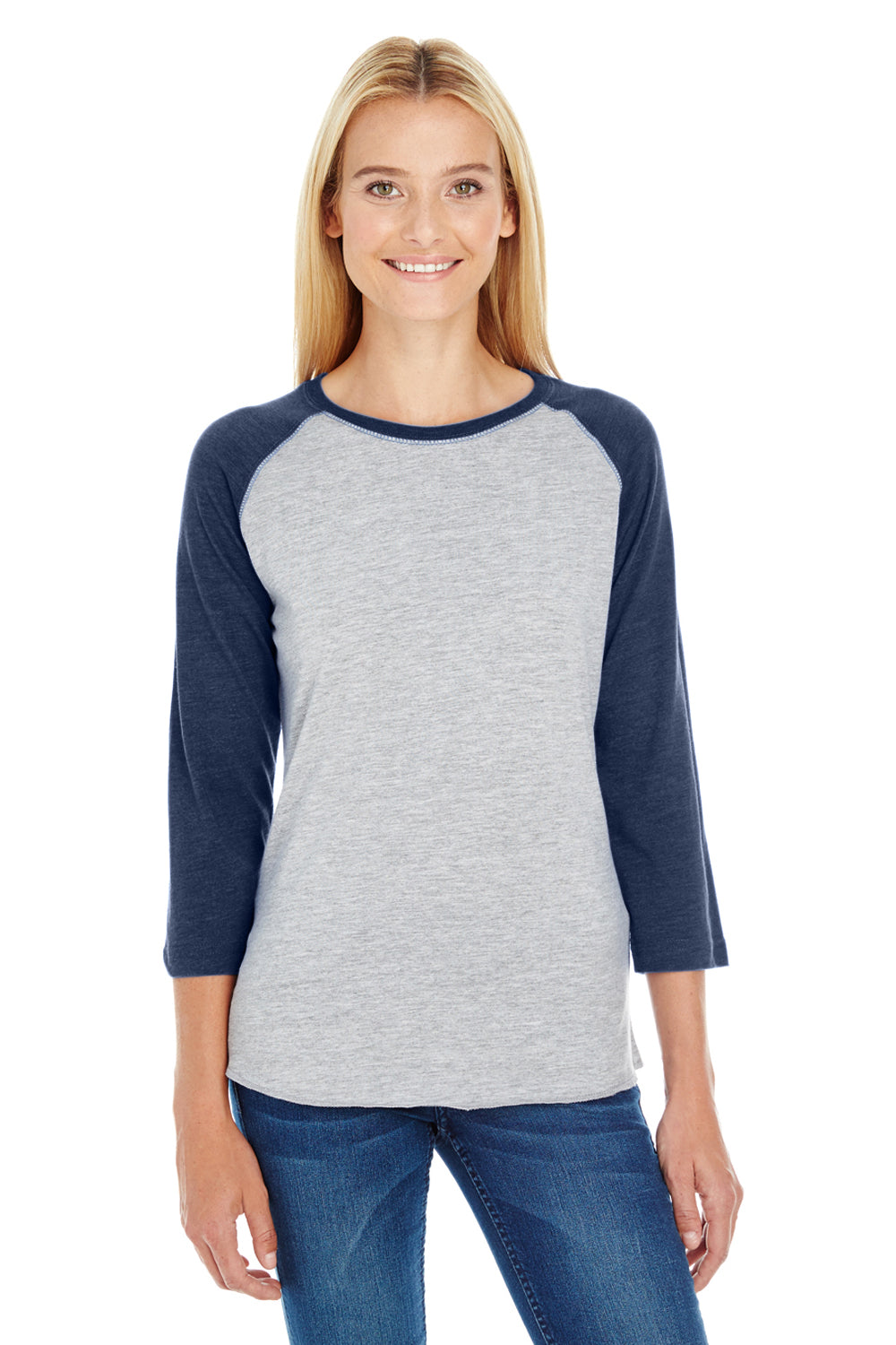 LAT LA3530 Womens Fine Jersey 3/4 Sleeve Crewneck T-Shirt Heather Grey/Navy Blue Front