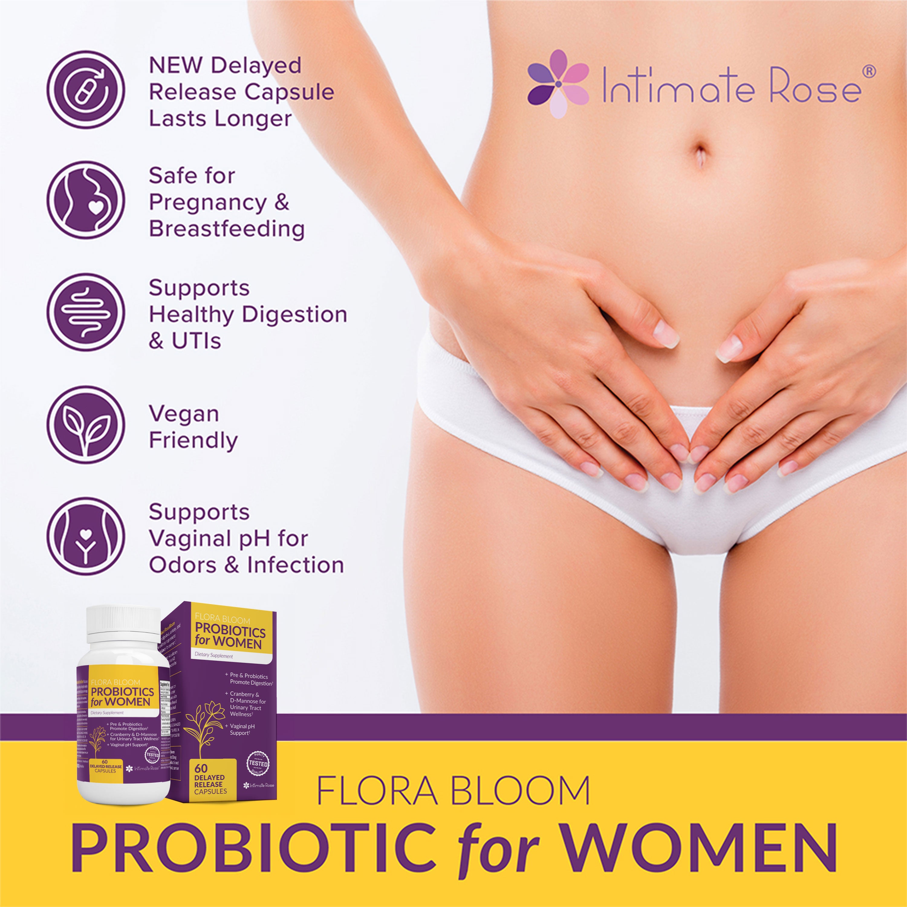 Advertisement for women's probiotics with benefits listed and product image alongside a torso of a woman in underwear.