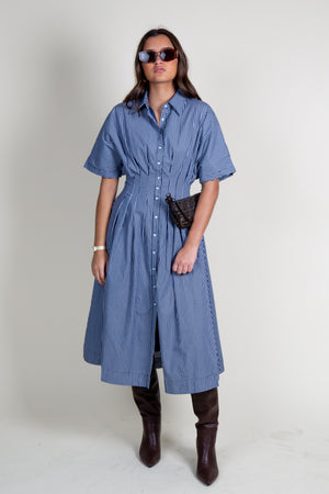 AUREUM | Pleated Midi Shirt Dress - Navy - Scarlet Clothing
