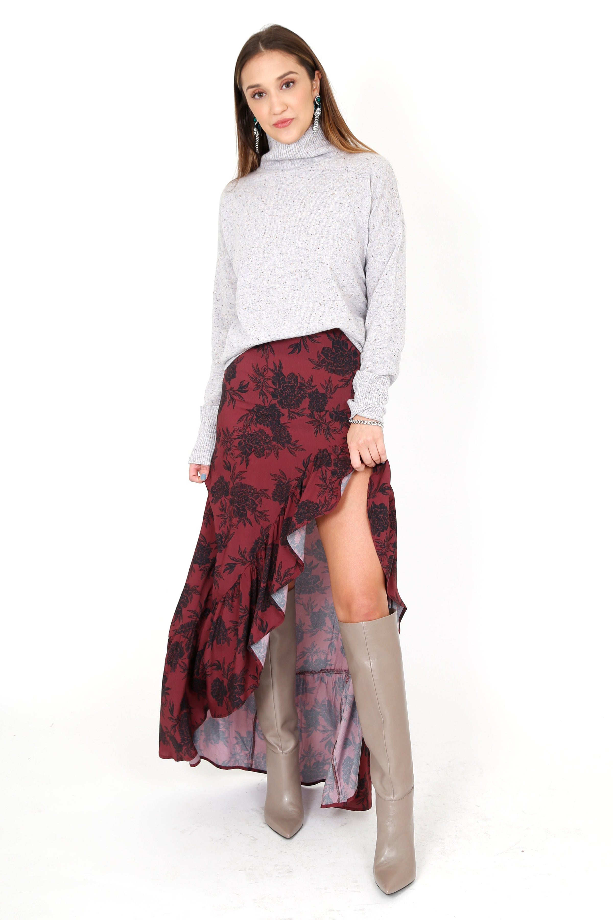 burgundy floral skirt