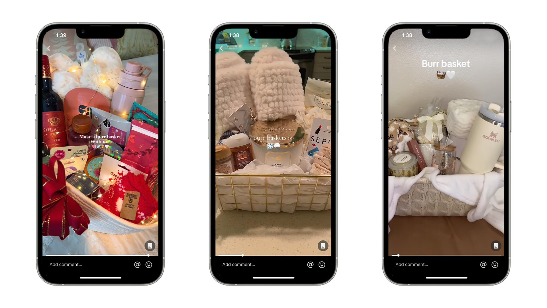A photo of three iPhones showing TikTok screenshots of "Burr Baskets"