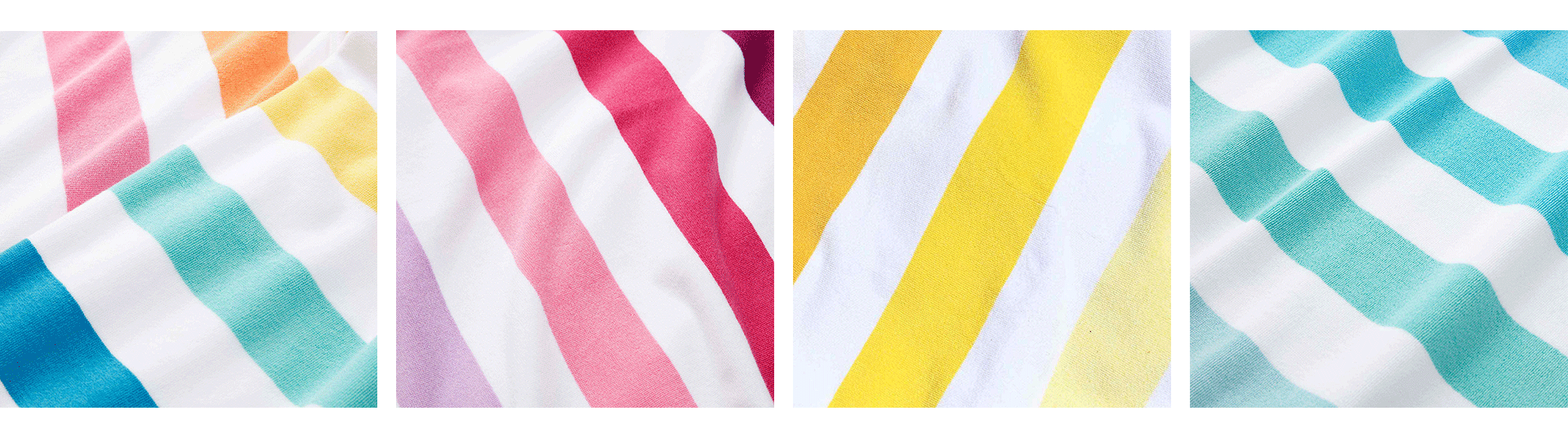 A set of four swatches of Cabana Towels in colors pink, yellow, blue, and multicolor.