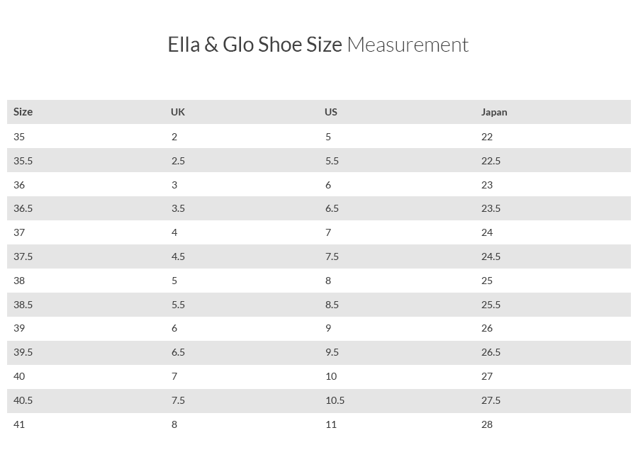 Size Guide | ELLA & GLO Women's Online Shoe Shopping
