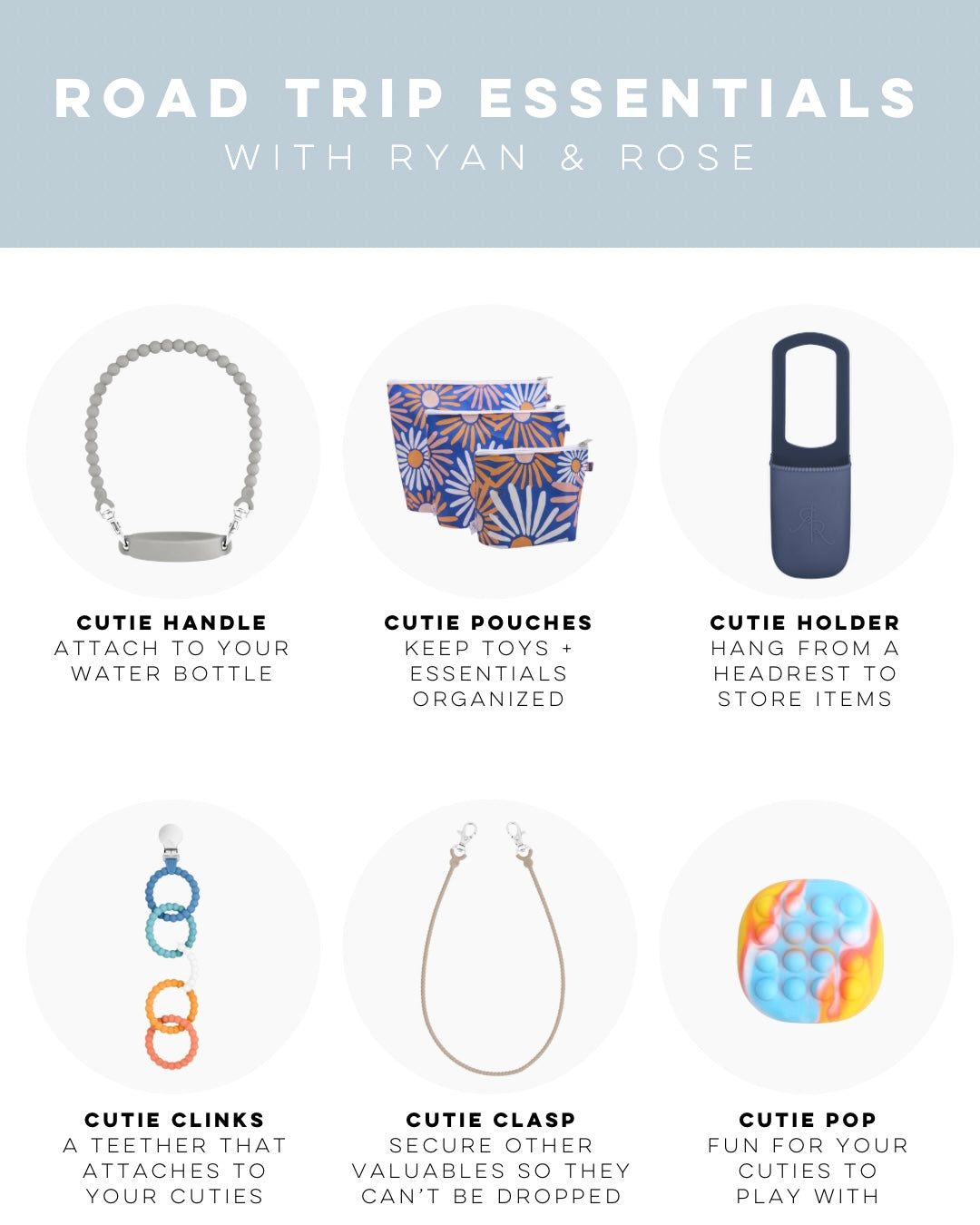 Road Trip Essentials with Ryan & Rose | Cutie Handle, Cutie Pouch, Holder, Clinks, Cutie Pop, Clasps and pop-it