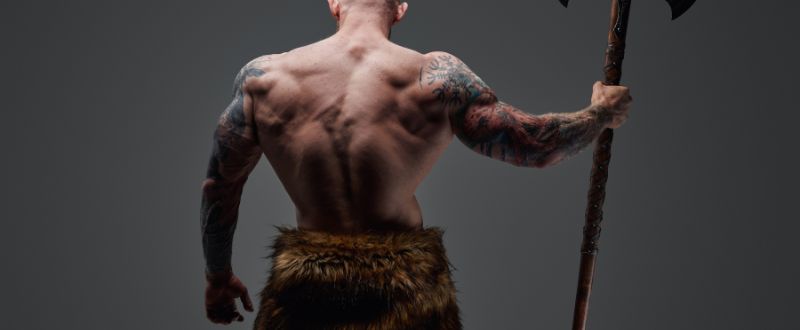 Tattooed Viking with Steel Axe