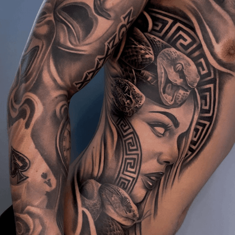 Chicano style medusa tattoo