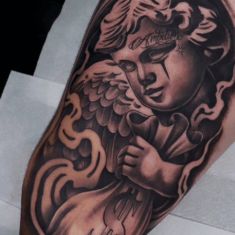 Chicano style cherub tattoo