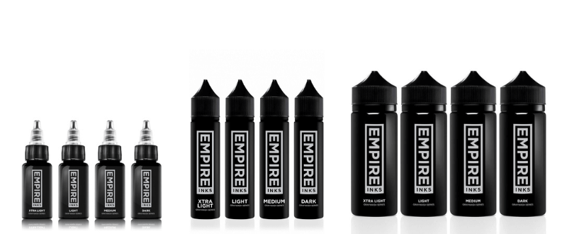 Empire Inks grey wash tattoo ink set in 1oz, 2oz, and 4oz
