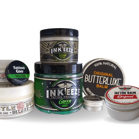 Tattoo aftercare including MTS Tattoo Balm, Hustle Butter and Butterluxe