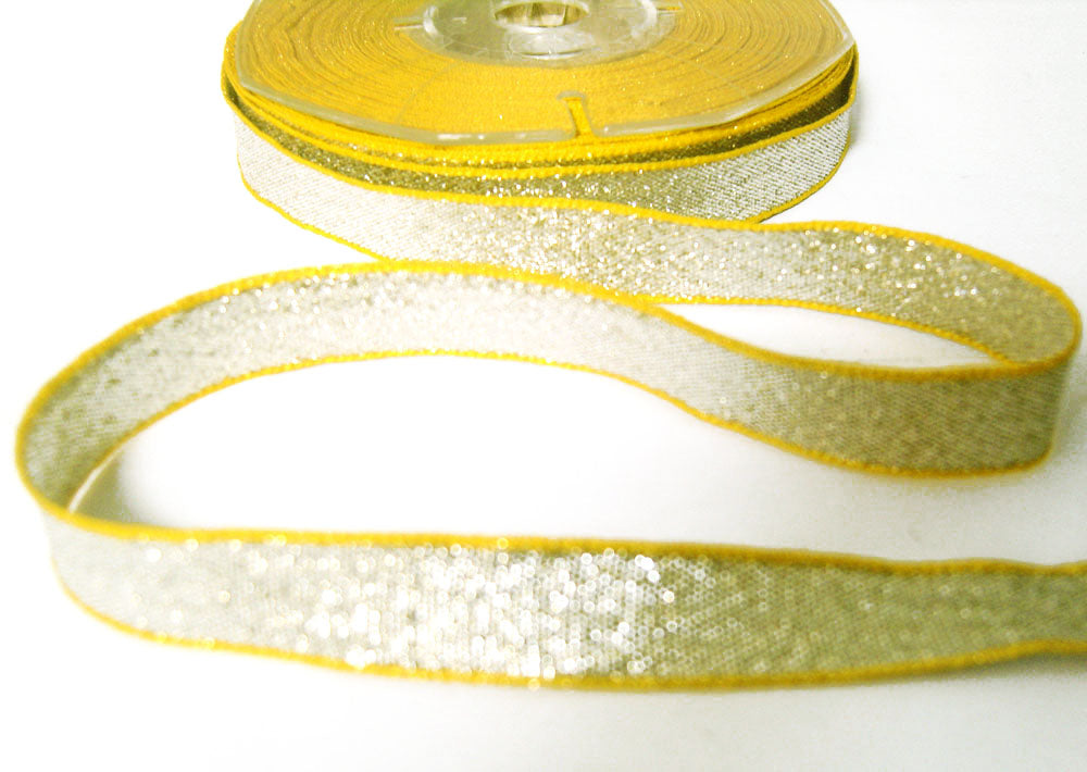 R1079 13mm Metallic Silver Double Face Lame Ribbon with Yellow Borders ...