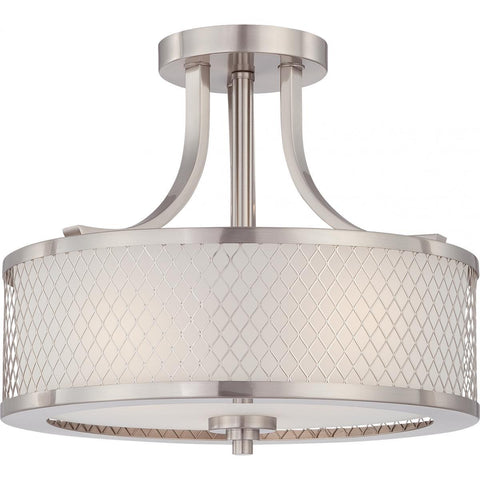 Fusion 14"w Brushed Nickel Semi Flush Fixture with Frosted Glass Ceiling Nuvo Lighting Brushed Nickel 