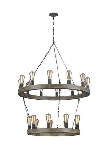 Avenir Weathered Oak Wood / Antique Forged Iron 21-Light Two-Tier Chandelier Ceiling Feiss 