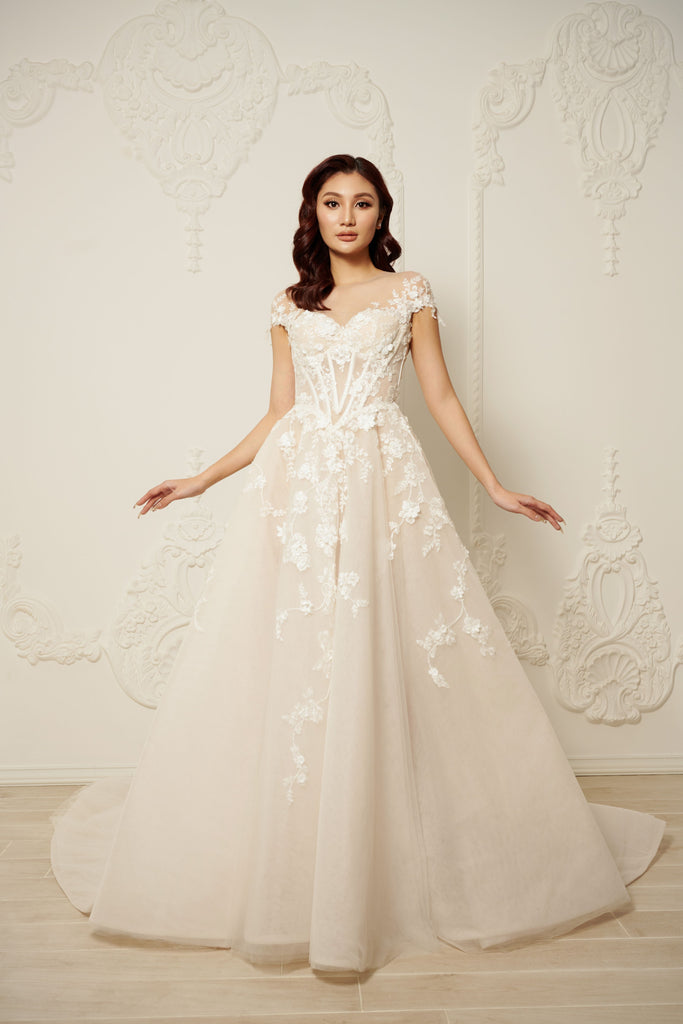 Illusion Neckline Ball Gown with Floral Lace (#Joelle) Dream Dresses by PMN