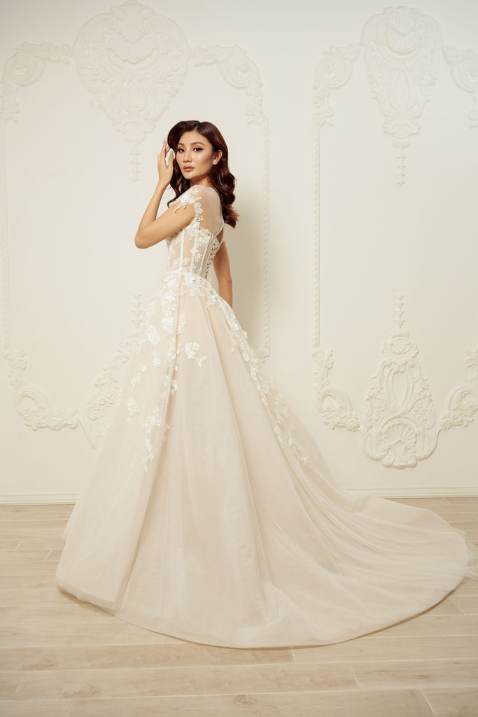 Illusion Neckline Ball Gown with Floral Lace (#Joelle) Dream Dresses by PMN