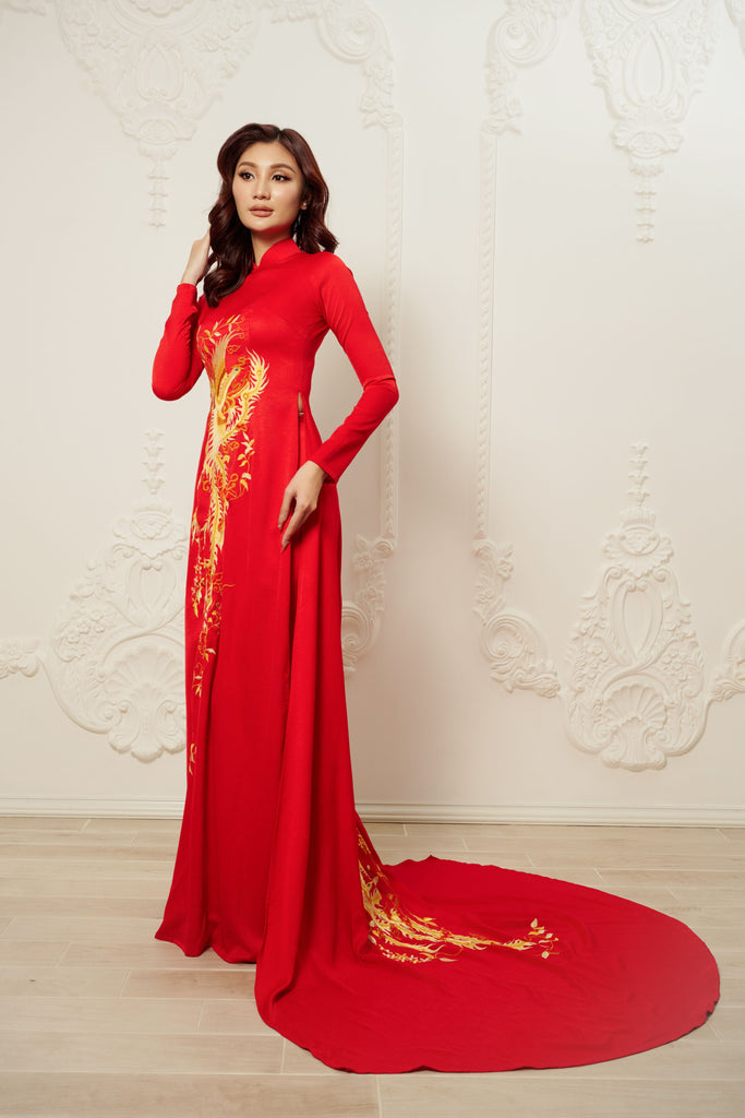 Red Bridal Ao Dai | Vietnamese Traditional Bridal Dress with Phoenix Embroidery (#Ping) Dream Dresses by PMN