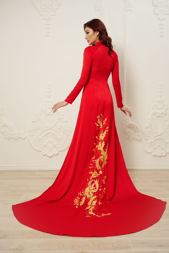Red Bridal Ao Dai | Vietnamese Traditional Bridal Dress with Phoenix Embroidery (#Ping) Dream Dresses by PMN