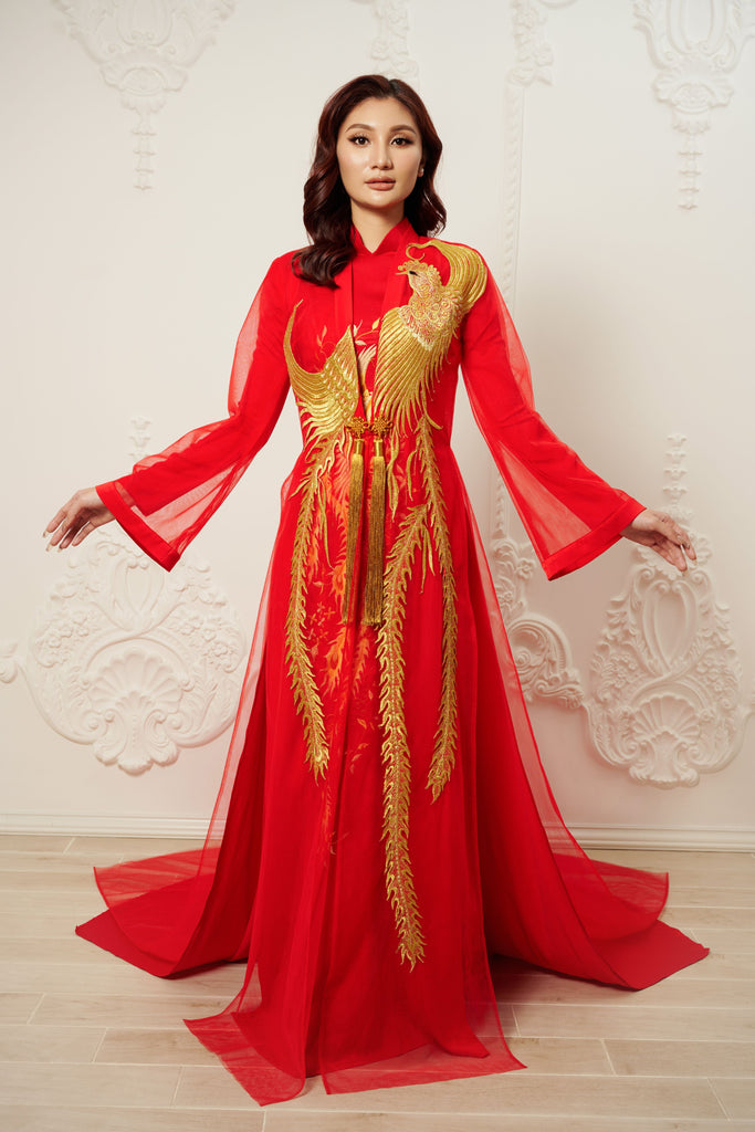 Red and Gold Ao Dai OverCoat | Traditional Vietnamese Bridal OverCoat (#MyPhuong) Dream Dresses by PMN