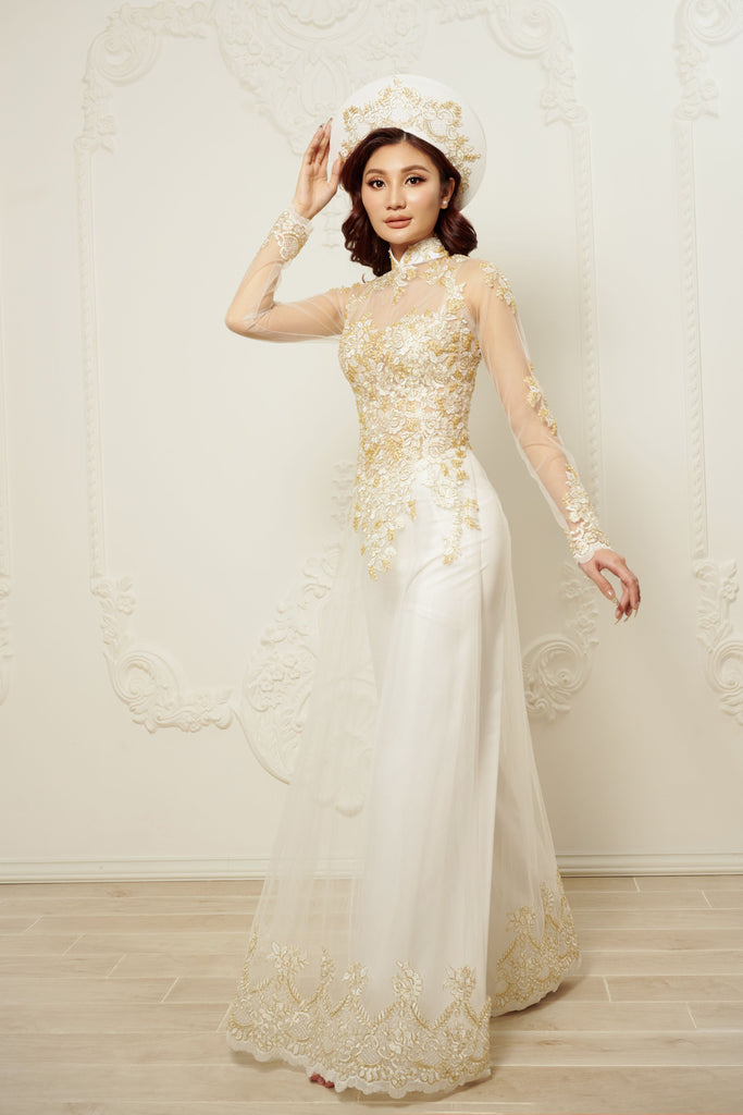 White Bridal Ao Dai | Vietnamese Traditional Bridal Dress with Gold Lace (#Jiayi) Dream Dresses by PMN