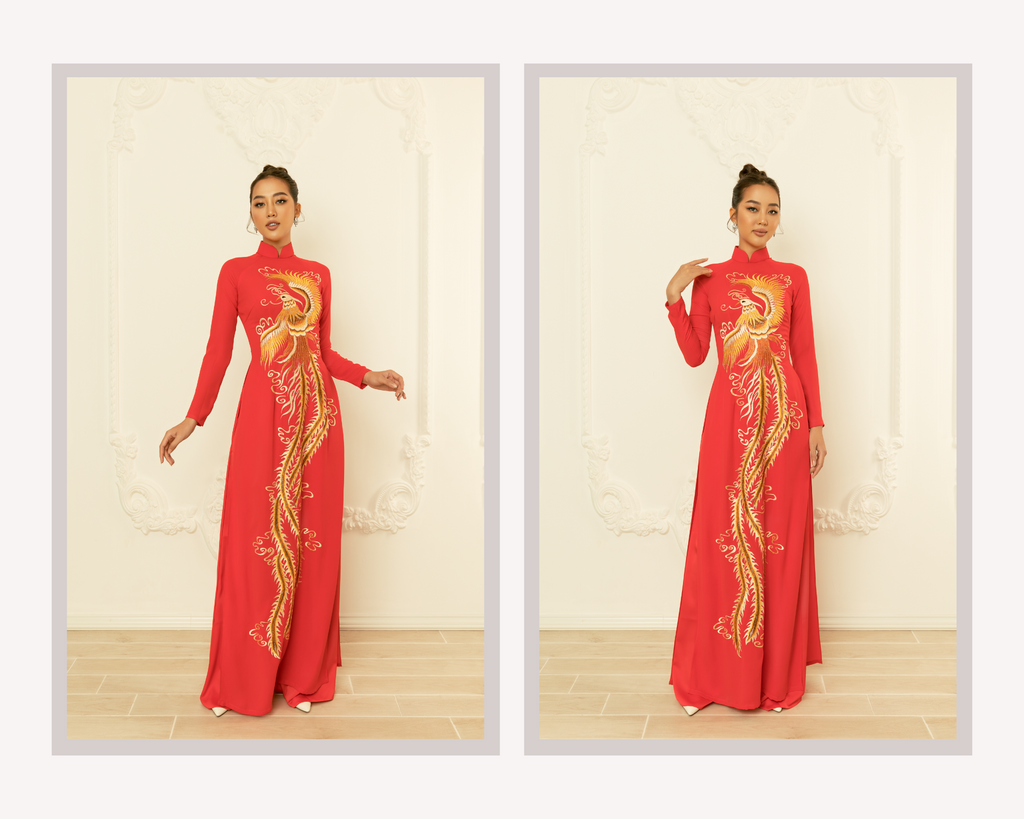 Red Bridal Ao Dai | Vietnamese Traditional Bridal Dress with Phoenix Embroidery (#Yedda) - Dream Dresses by PMN