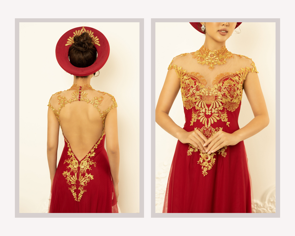 Red Bridal Ao Dai with Gold Lace | Vietnamese Bridal Dress (#Nelly) - Dream Dresses by PMN