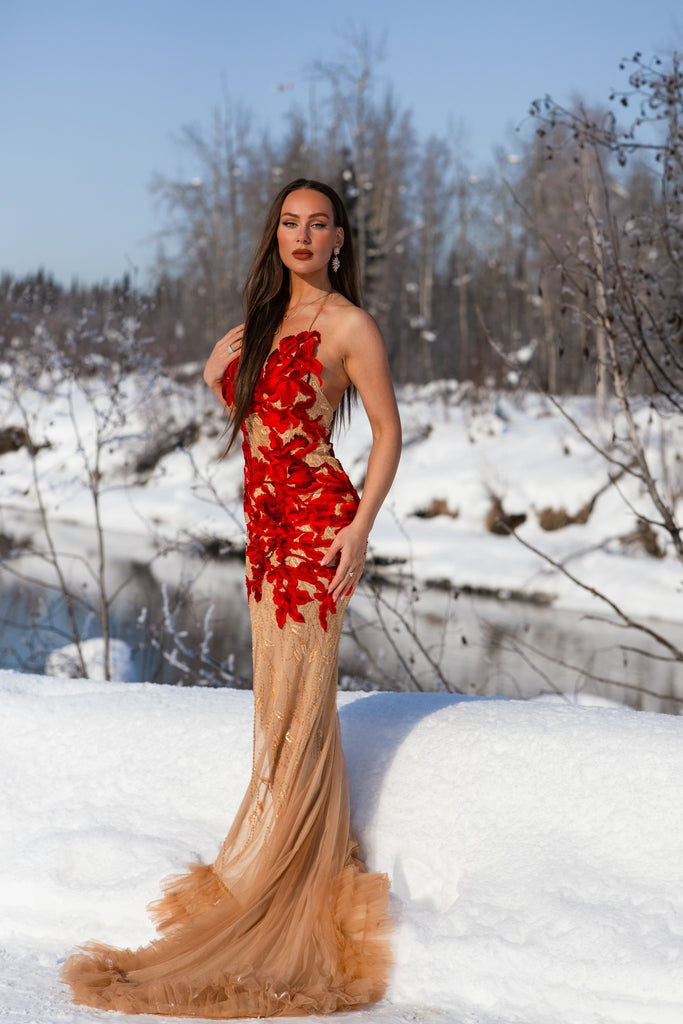 Red Evening Gown with Custom Embroidery (#LILIANE) - Dream Dresses by PMN