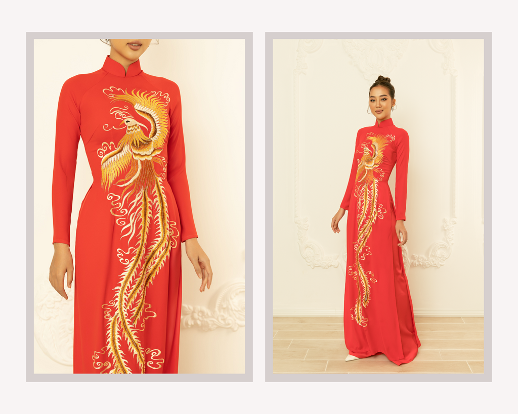 Red Bridal Ao Dai | Vietnamese Traditional Bridal Dress with Phoenix Embroidery (#Yedda) - Dream Dresses by PMN
