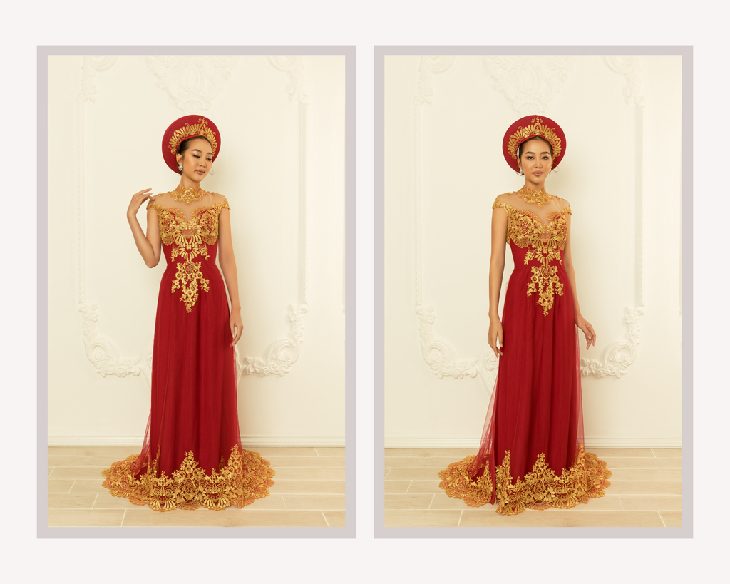 Red Bridal Ao Dai with Gold Lace | Vietnamese Bridal Dress (#Nelly) - Dream Dresses by PMN