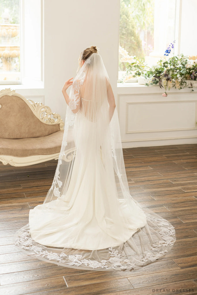 One Layer Bridal Veil with Floral Lace (#LAURENCE) Dream Dresses by PMN