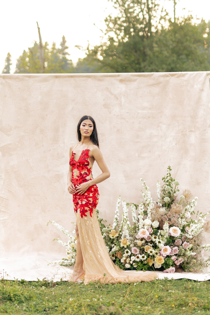 Red Evening Gown with Custom Embroidery (#LILIANE) - Dream Dresses by PMN