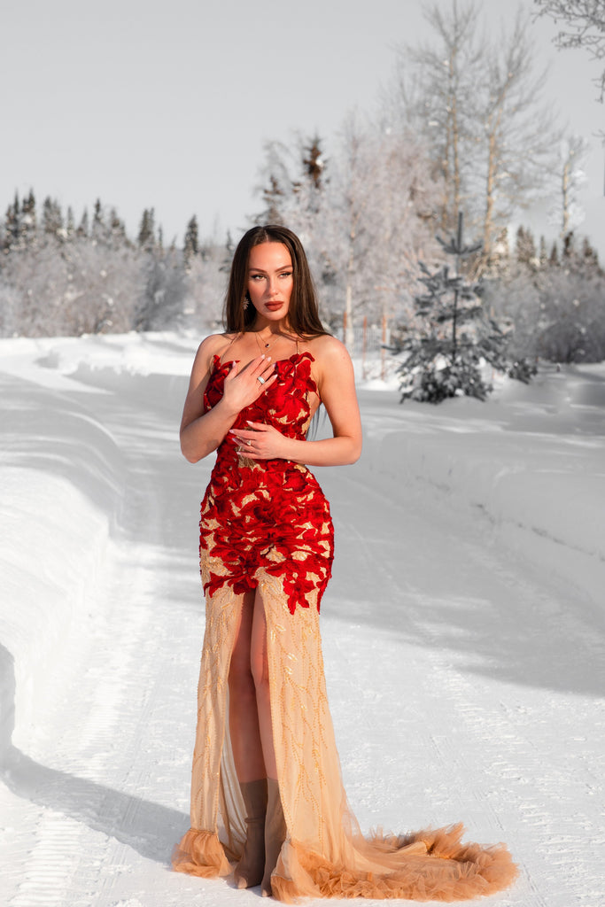 Red Evening Gown with Custom Embroidery (#LILIANE) - Dream Dresses by PMN