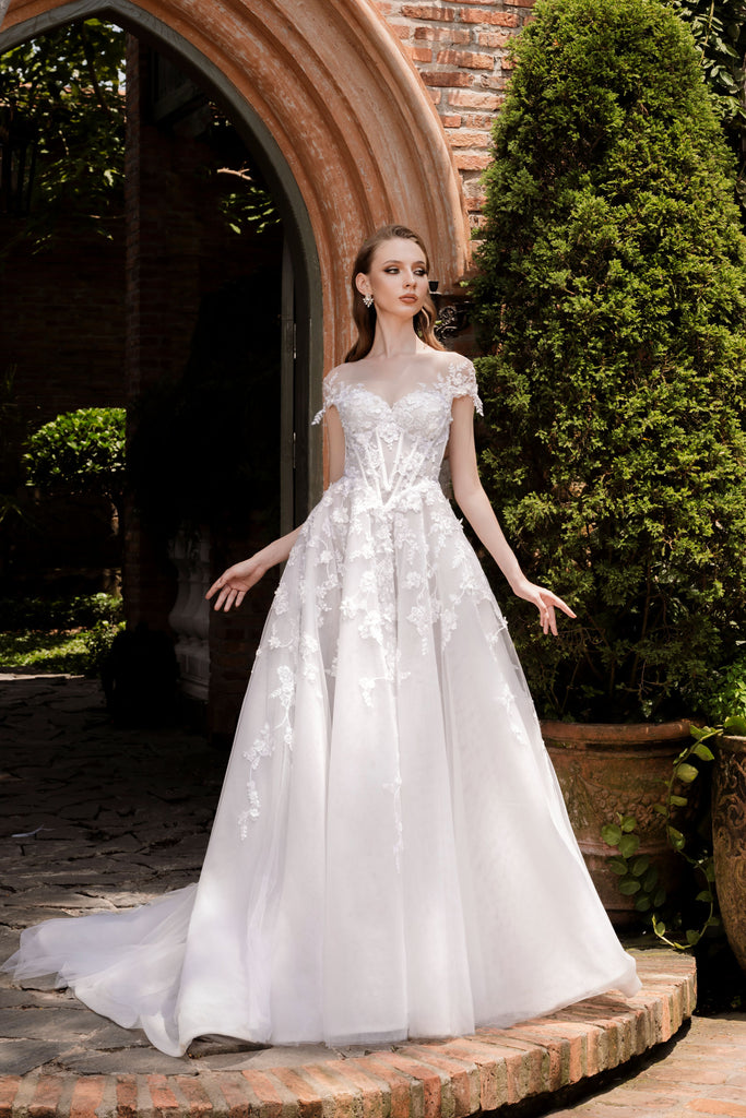 Illusion Neckline Ball Gown with Floral Lace (#JOELLE)