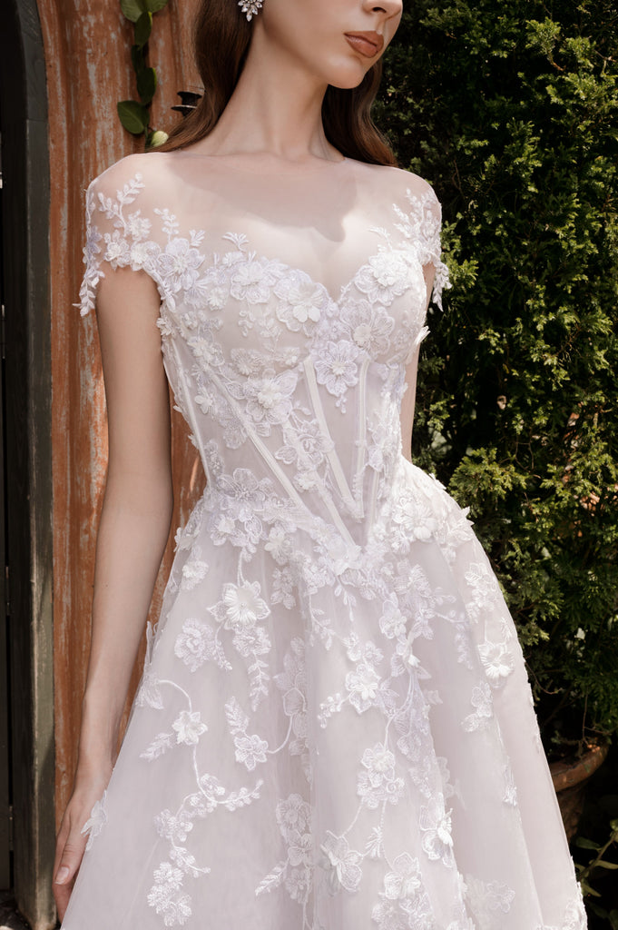 Illusion Neckline Ball Gown with Floral Lace (#JOELLE) Dream Dresses by PMN