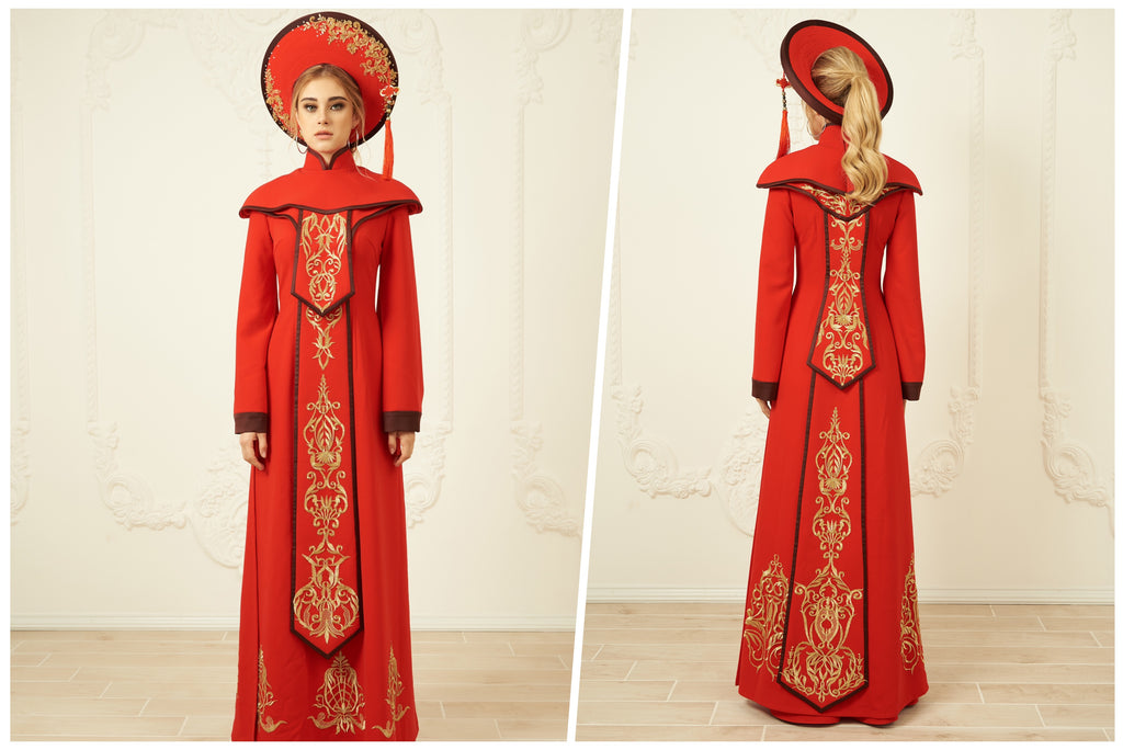 Arnelle red and gold ao dai - Dream Dresses by PMN