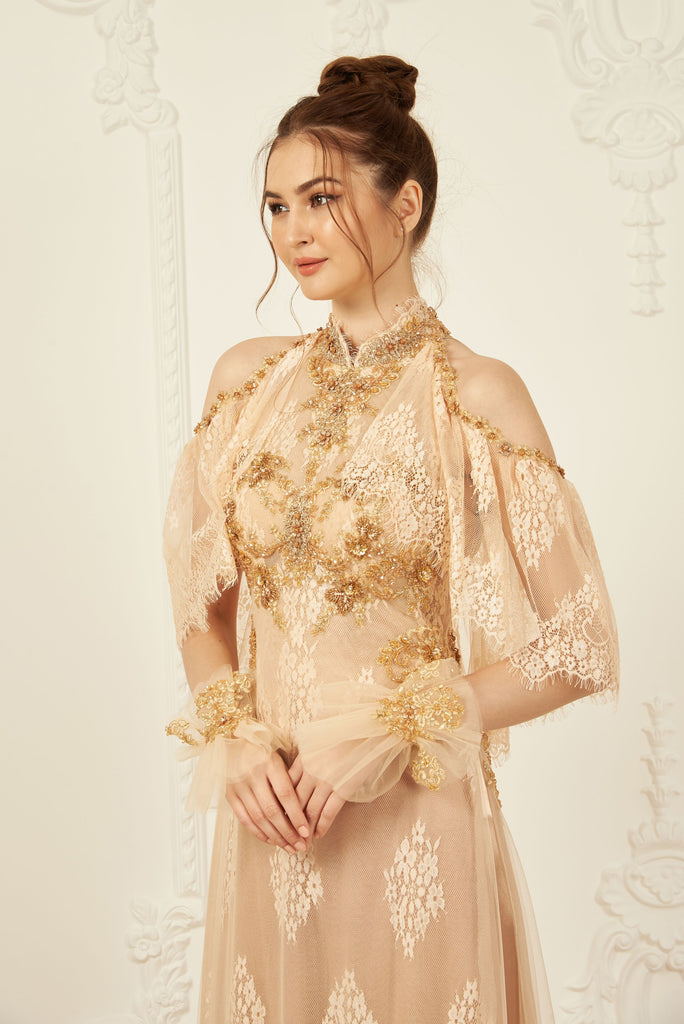 Gold Bridal Ao Dai | Vietnamese Lace Bridal Dress (#CINZIA) Dream Dresses by PMN