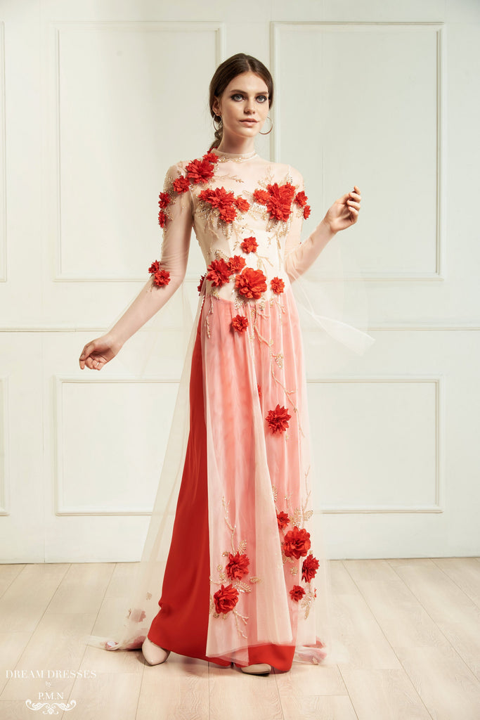 Red Bridal Ao Dai | Vietnamese Bridal Dress with Embellishment (#INA) Dream Dresses by PMN