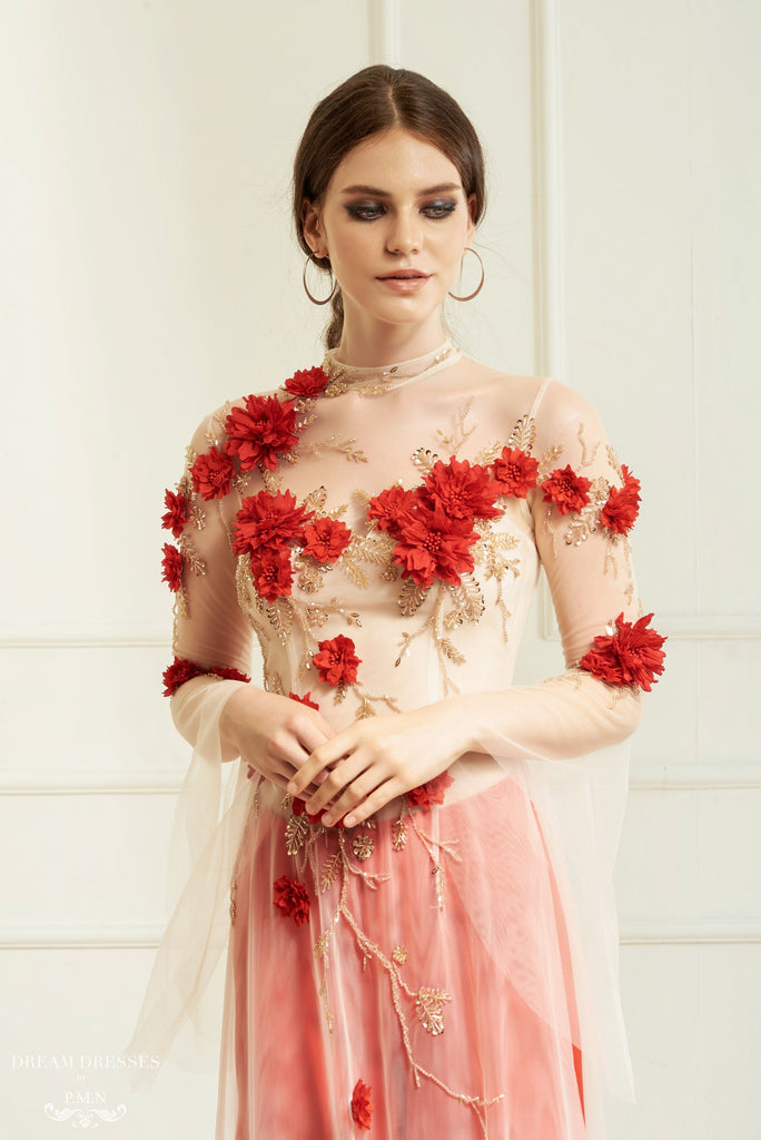 Red Bridal Ao Dai | Vietnamese Bridal Dress with Embellishment (#INA) Dream Dresses by PMN