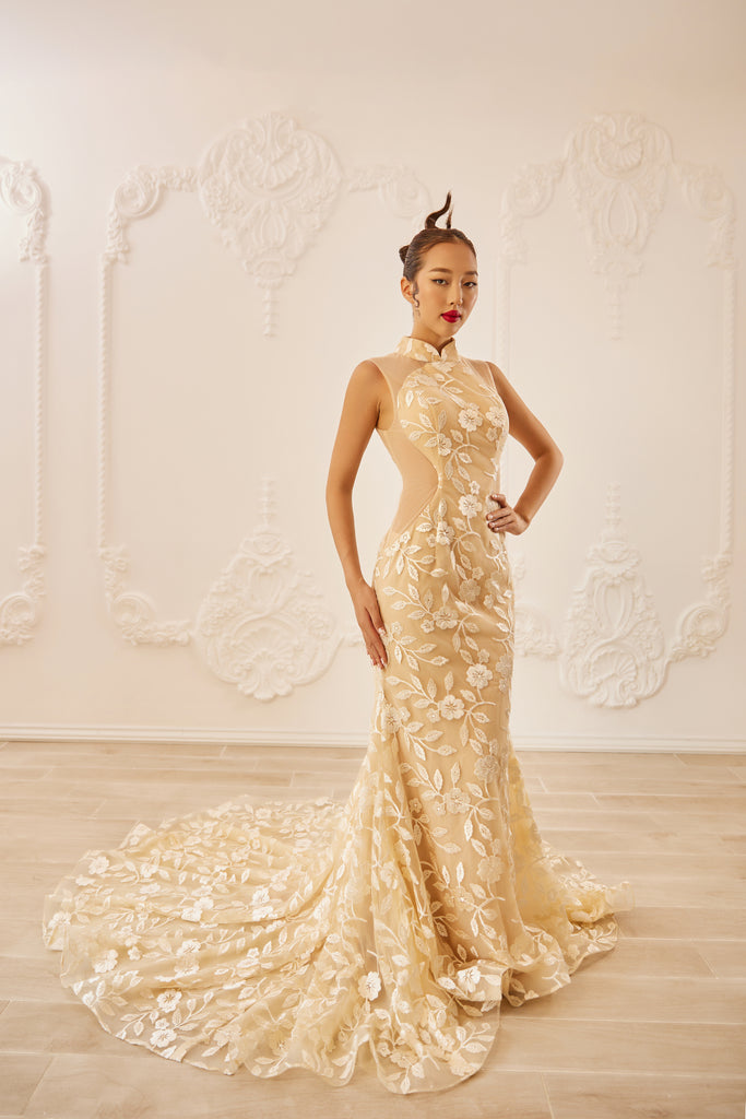 Champagne Bridal Cheongsam | Couture Lace Modern Cheongsam (#LUNA) Dream Dresses by PMN