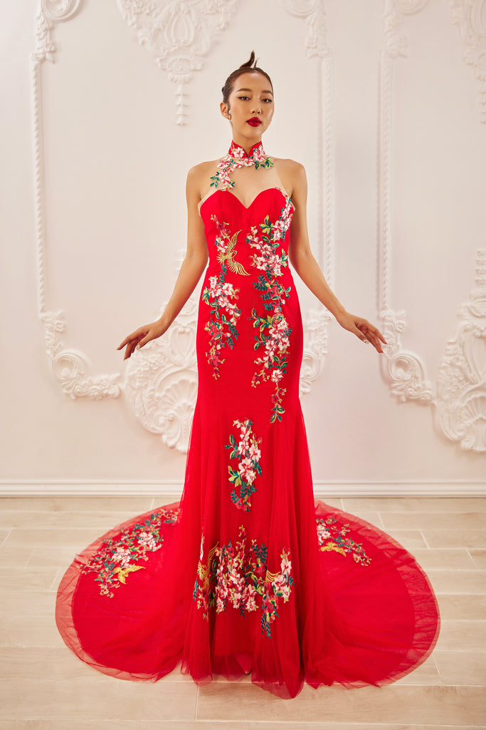 Red Bridal Cheongsam | Modern Cheongsam with Floral Lace (#CHOU) Dream Dresses by PMN