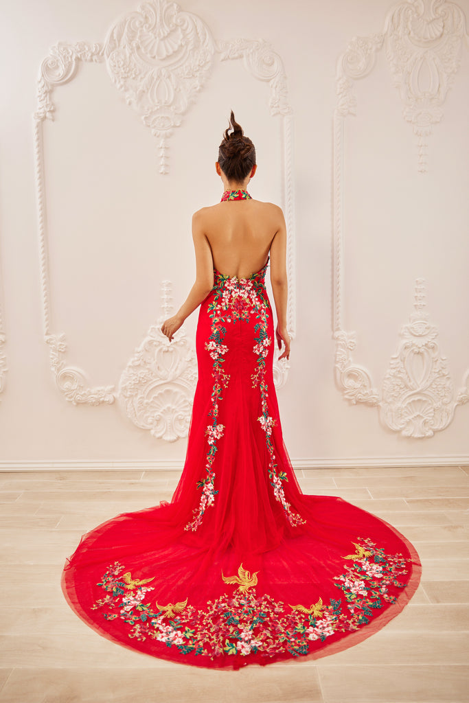 Red Bridal Cheongsam | Modern Cheongsam with Floral Lace (#CHOU) Dream Dresses by PMN